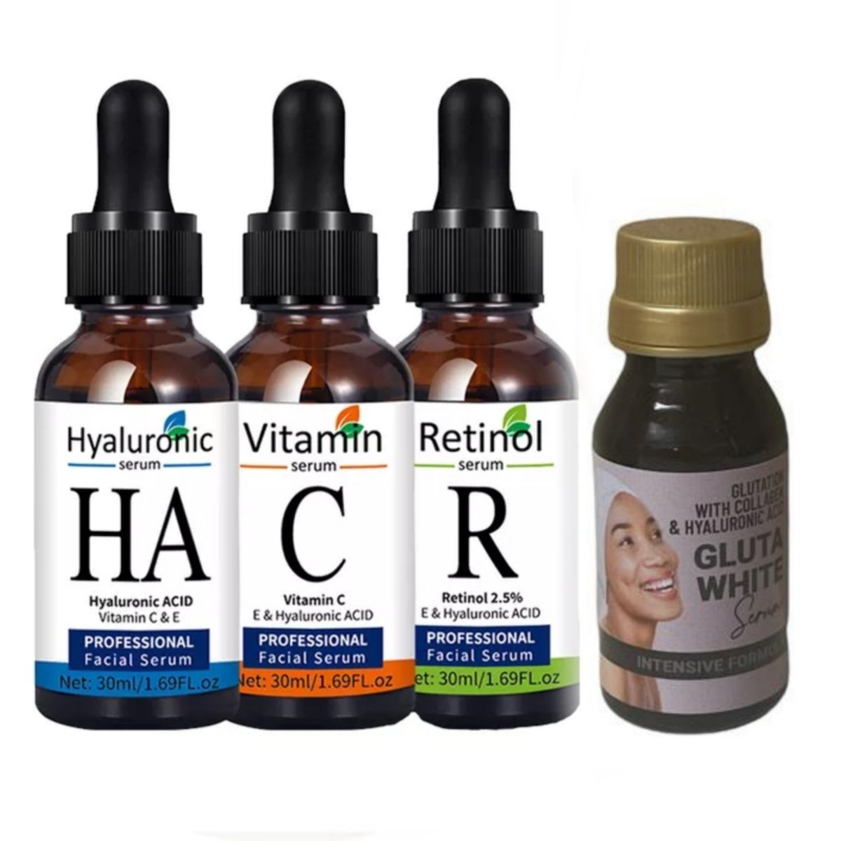 Face Serums Set Hyaluronic Acid & Vitamin C & Retinol & Gluta White
