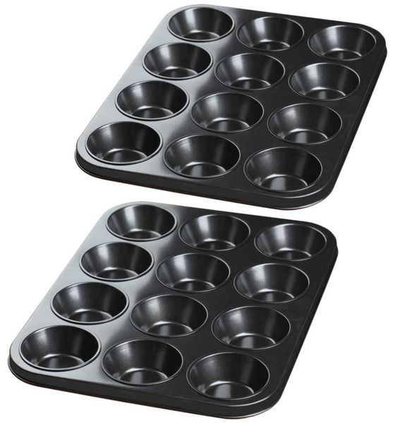 Nonstick Carbon Steel 12 Cup Muffin Baking Tray - Black - 2 Pack
