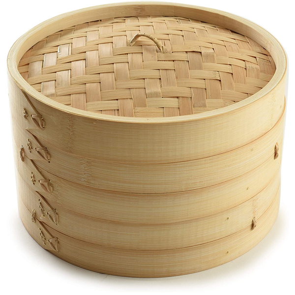 Large 2-Tier Bamboo Steamer Basket with Lid for Dumpling Dim Sum - 22cm