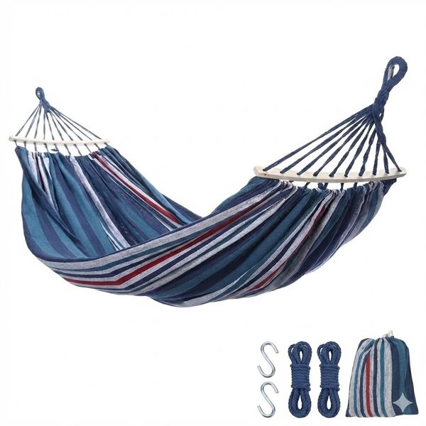 Double Heavy Duty Canvas Garden Hammock - Anti-Rollover Spreader Bar - Blue