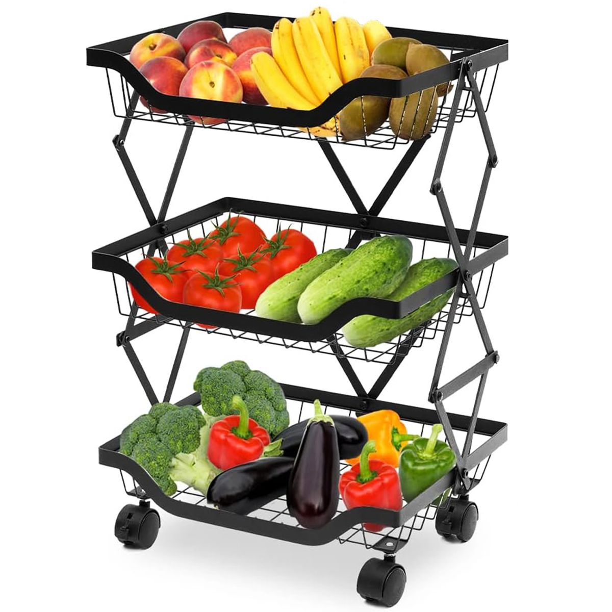 3 Tier Storage Basket Foldable Cart with Wheels for Fruit Vegetable ...