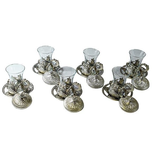 Vintage 6 Piece Turkish Tea Set with Saucer Silver Plated Holder - Silver