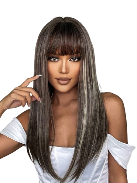 Long Straight Brown Highlights With Fringe Wig