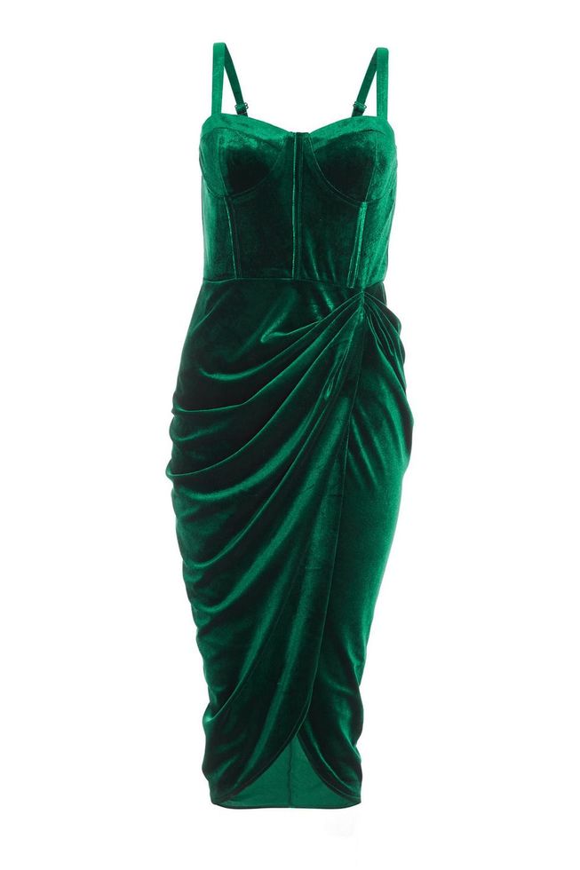 Quiz Ladies - Bottle Green Velvet Ruched Midi Dress | Shop Today. Get ...