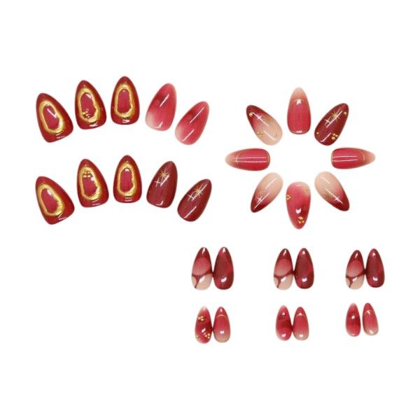 30 Piece - Crimson Simple French Star Almond Shaped Nails - Multicolor