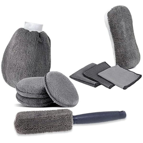 9-Piece Microfiber Car Cleaning Kit - Wash Mitt, Sponge, Brush &amp; Cloths