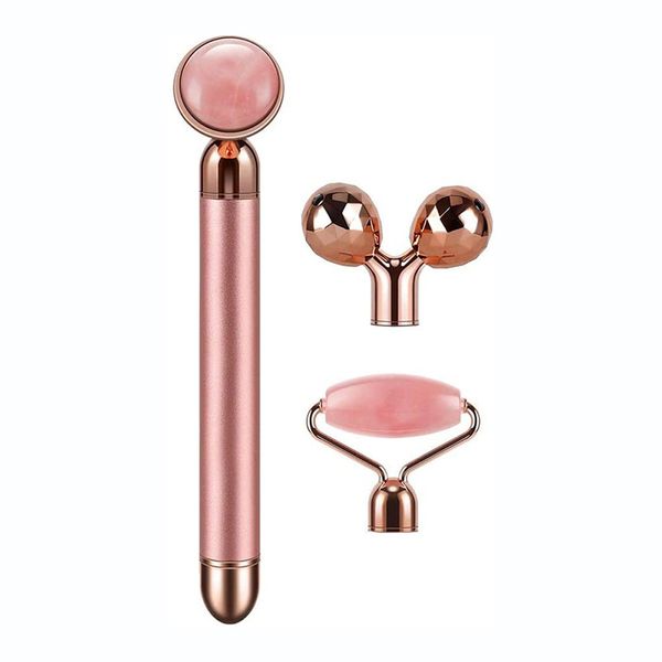 3-in-1 Electric Vibrating Natural Rose Quartz Jade Roller Facial Massager