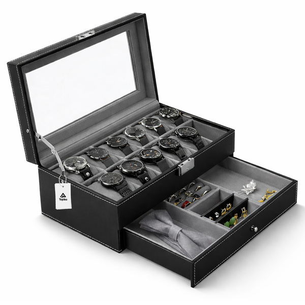Topika Watch Gift Box For Men Leather Watch Case 12 Slot Organizer Black