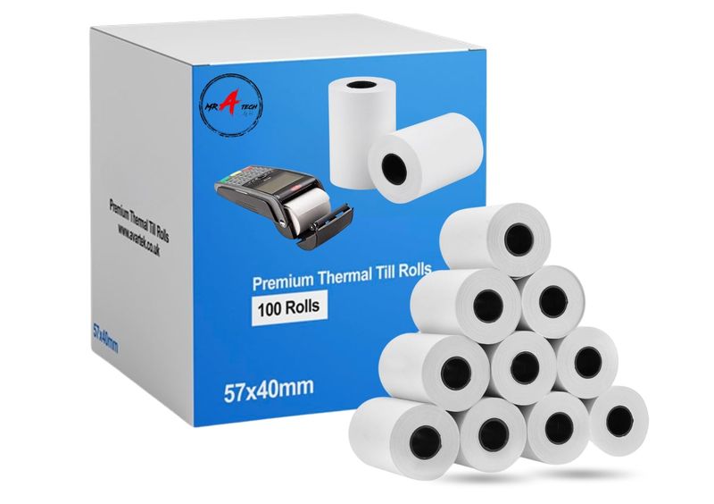 MR A TECH 57 x 40mm Thermal Till Receipt Rolls for Card Machine Pack of 100