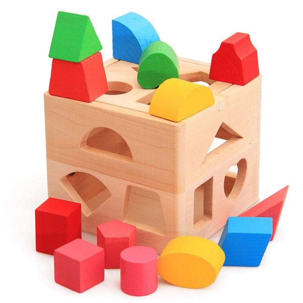 Wooden Cube Educational Toy Box with 13 Colourful Shapes-hb