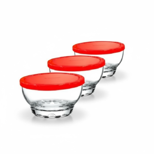 Glass Bowl Set 3-Piece 280ml with Red Lids - Karaman