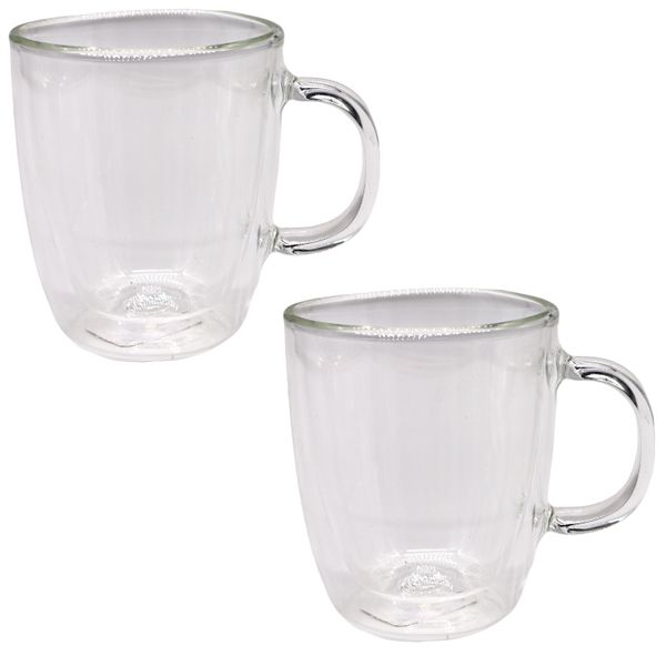 2 Piece Double Walled Thermal Glass Mugs 350ml