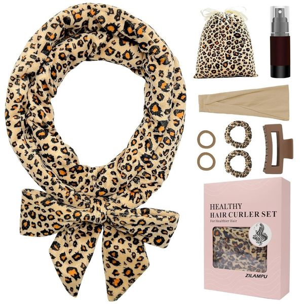 No Heat Curling Headband,Overnight Velour Curls Roller Wrap-Leopard Print