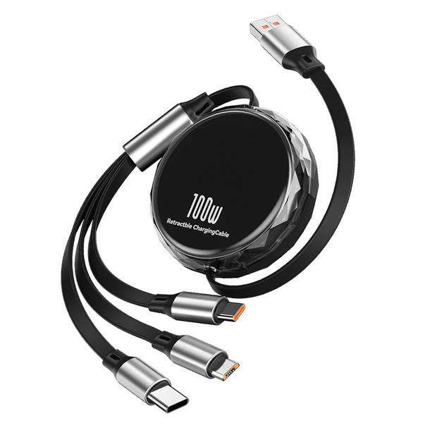 100W 3 in 1 Retractable Multi Type C Charger Cable to C Super Fast Charging