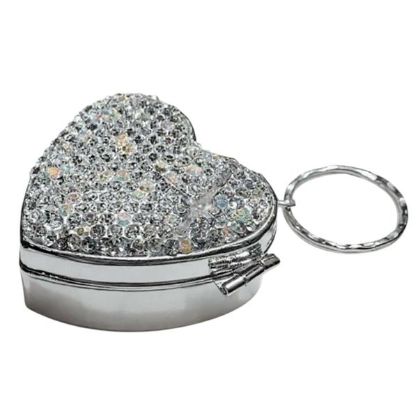 GlamHeart Purse Rhinestone Heart Travel Pill Box Organizer Keychain Silver