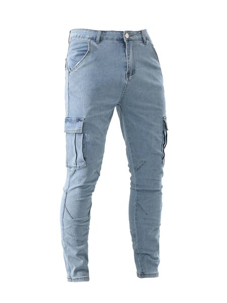 Cargo Jeans for Men Stretch Fit Jeans with Side Pockets - Light Blue