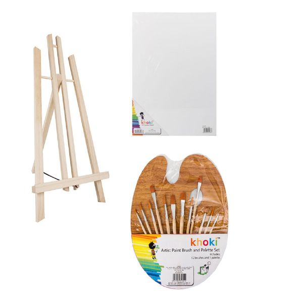 Art Set - Paint Brush &amp; Palette Set, A3 Canvas Wood Mounted &amp; Desk Easel