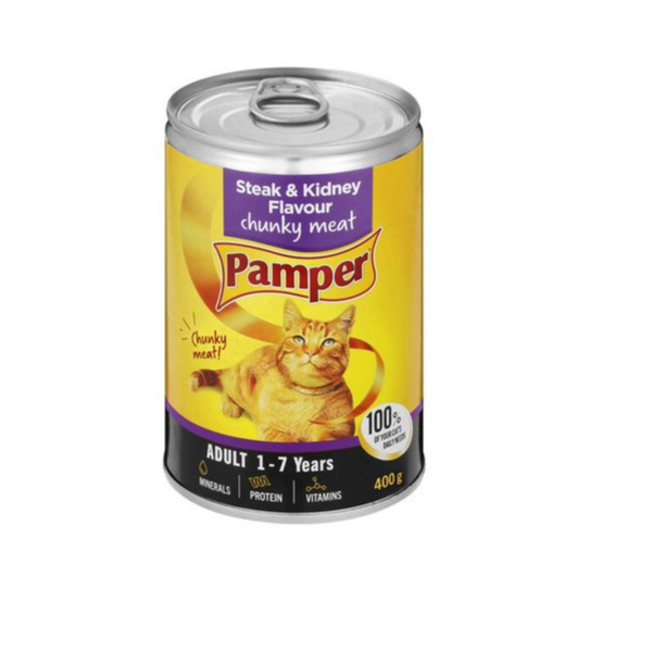 Pamper Moist Cat Food Steak &amp; Kidney Flavour Chunky Meat (12 x 400g)