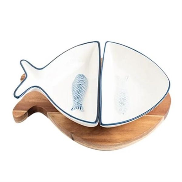 2 Piece Ceramic Snack Fish Shape Dish with Wooden Tray set