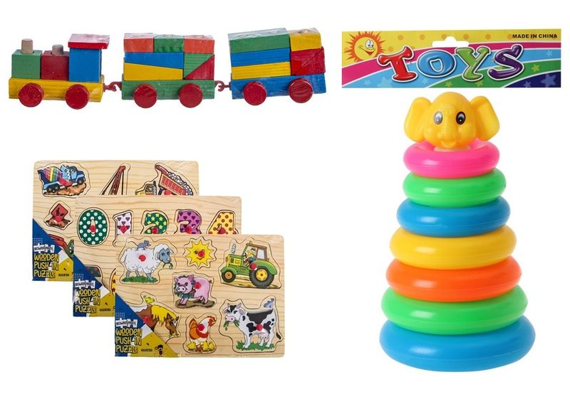 Baby Stacking Set 7 Rings, Wooden Train 34cm &amp; Push-In Board Wooden