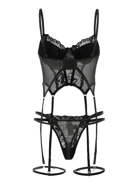Black Floral Lace Garter Lingerie Set