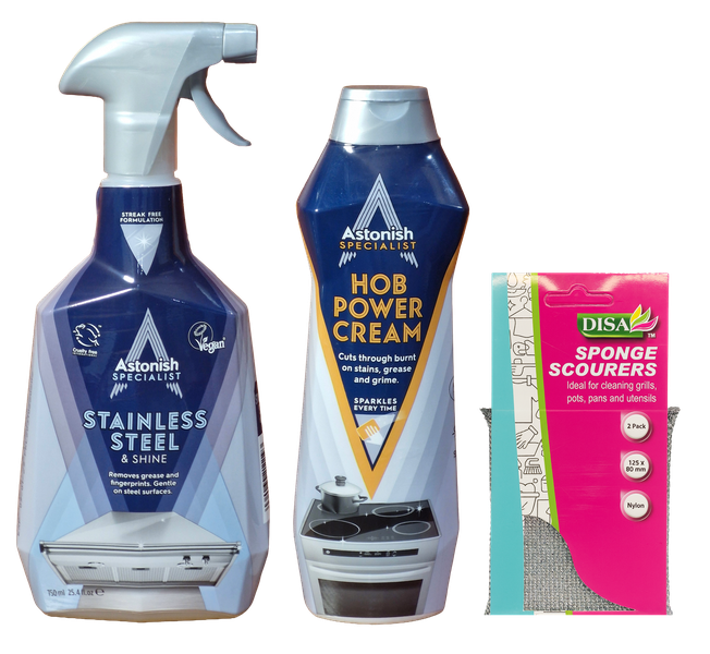 Stainless Steel &amp; Hob Cleaner &amp; Scourer Set | Grease Remover | Astonish