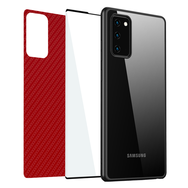 3 in 1 kit for Samsung Note 20 - Case, 9H Glass and White Carbon Skin