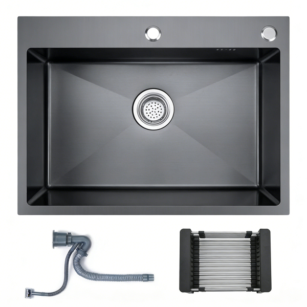 Black Single Kitchen Sink With Downpipe And Drain Basket - 60X45 CM