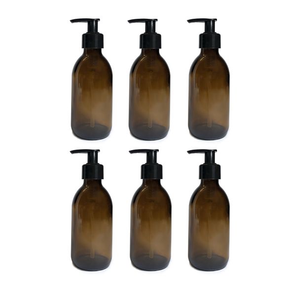 Amber Glass Bottle and Dispenser Lotion Pump - 200ml x 6