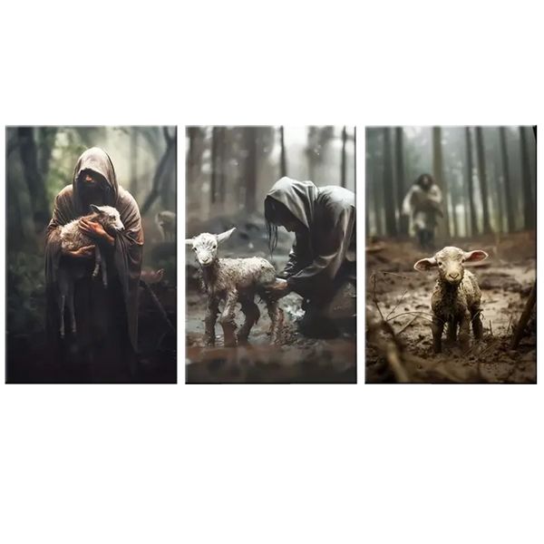 Canvas-Art-3 Pieces Jesus &amp; Lost Sheep Christian Decorative Wall Art