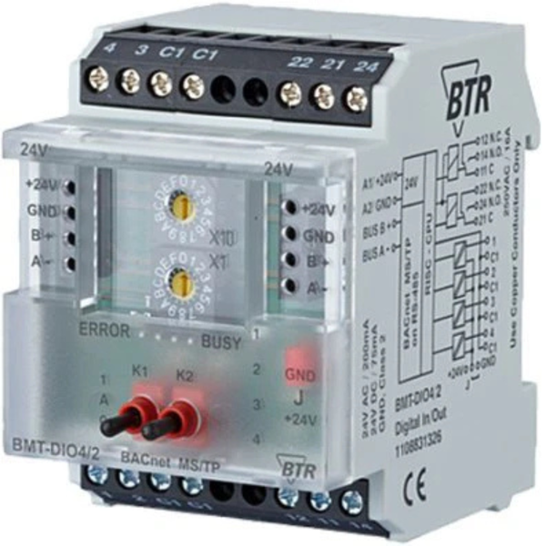 BMT-DIO4/2 BACnet MS/TP I/O Module - 4 DI + 2 Relay Outputs DIN Rail