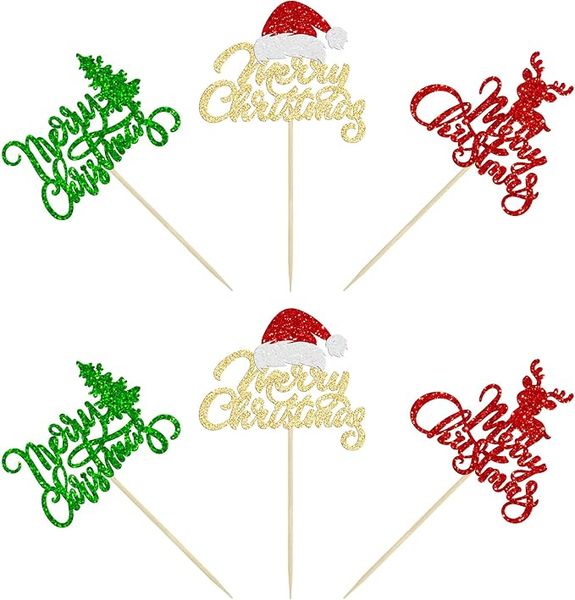Festive Merry Christmas Cupcake Dessert Toppers Set 24 Pack