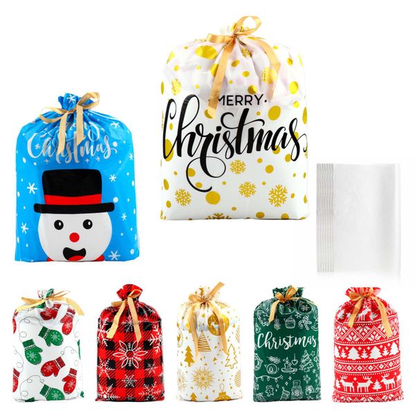 Plastic Christmas Wrapping Gift Bags - Value Pack of 7 - Classic