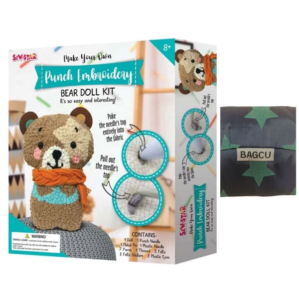 Punch Embroidery Bear Doll Kit with Added Reusable Bag
