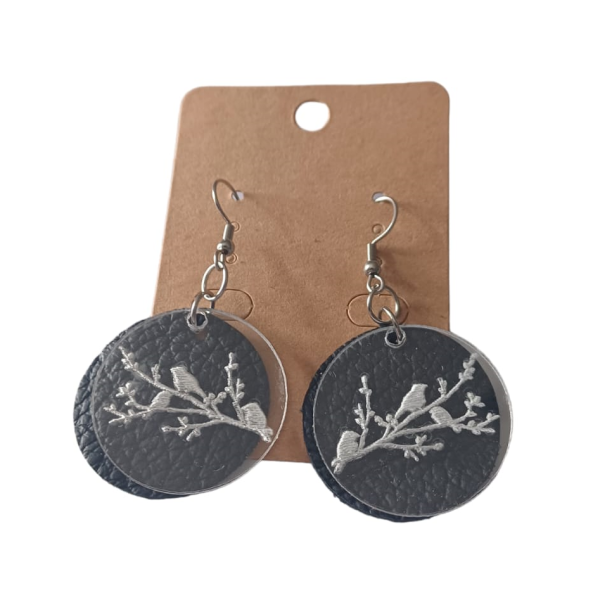Stainless Steel, Perspex and Leather Earrings - Black Hanging Bird Design