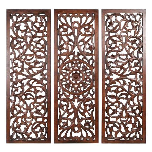 Decor Self-Adhesive Wooden Geometric Floral Carved Wall Art 3 Piece - 45cm