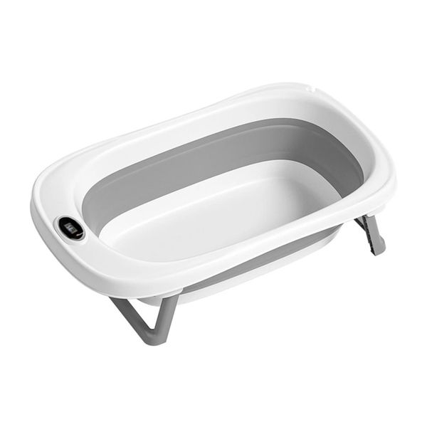 Foldable Baby Bath Tub with Cushion Support and Drain Plug - White/Grey