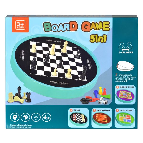 5-in-1 Family Fun Board Games - Chess, Checkers, Backgammon, Ludo &amp; Goose
