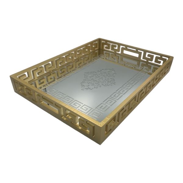 Tray 2 Piece Set Designer Gold with Mirror Inlay Embossed