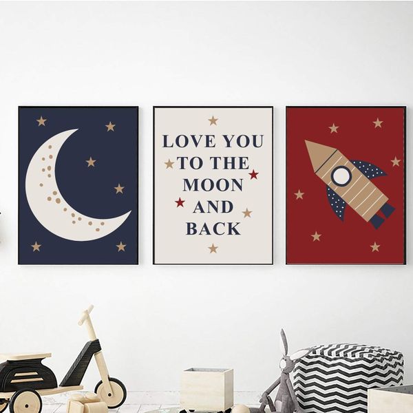 Rocket Moon Love - A2 - Canvas (3.5cm ) -Set Of 3