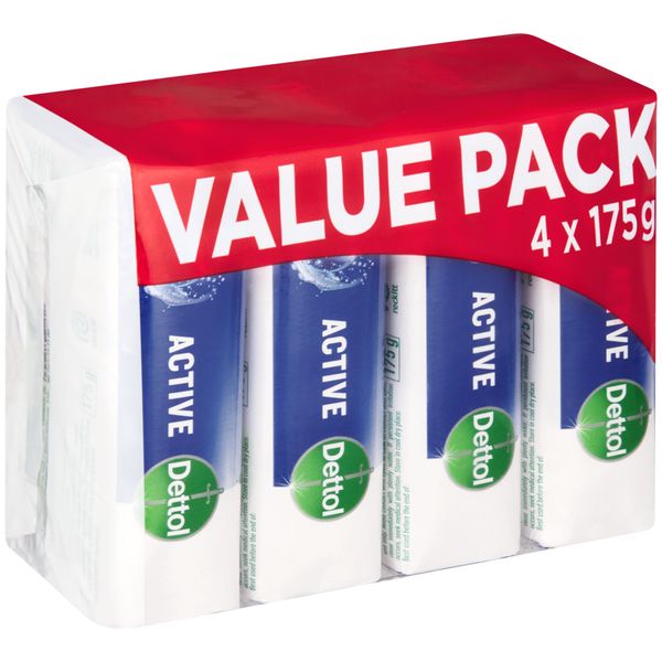 Dettol 4x175g, Hygiene Hand &amp; Body Soap, Active, Bulk Pack