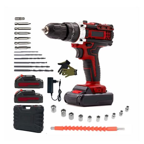 26pc Cordless Lithium Electric Drill Set With Batteries Carry Case & Gloves
