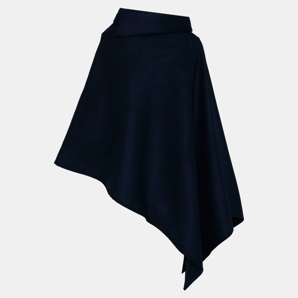 Navy Blue Melton Lopsided Poncho with Flat Collar