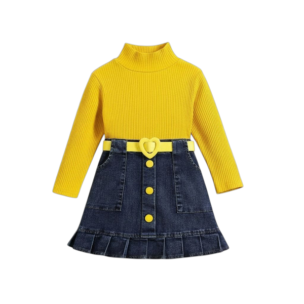 High Turtleneck Top and Pleated Skirt with Heart Belt Set for Girls