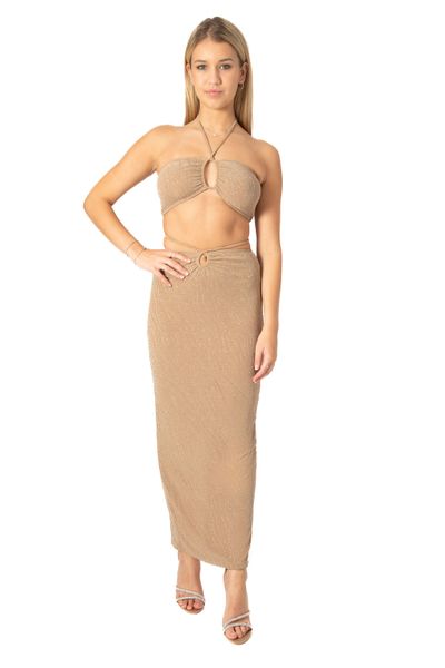 Women Khaki Backless Halter Top and Pencil Skirt Set