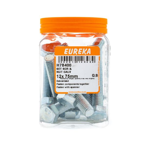 EUREKA Set Screw &amp; Nut Galvanised 12 x 75mm Q:6 H7B400