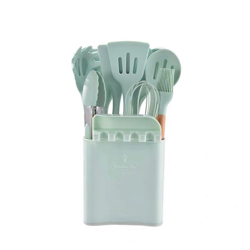 Silicone Kitchen Cooking Utensils Set with Wooden Handle & Storage