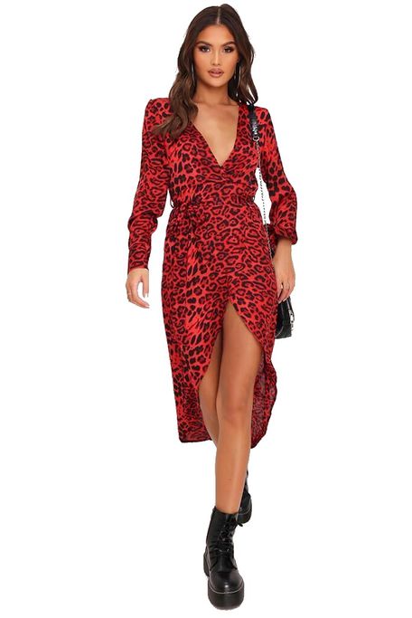 I Saw It First Ladies Red Leopard Print Wrap Front Midi Dress Shop