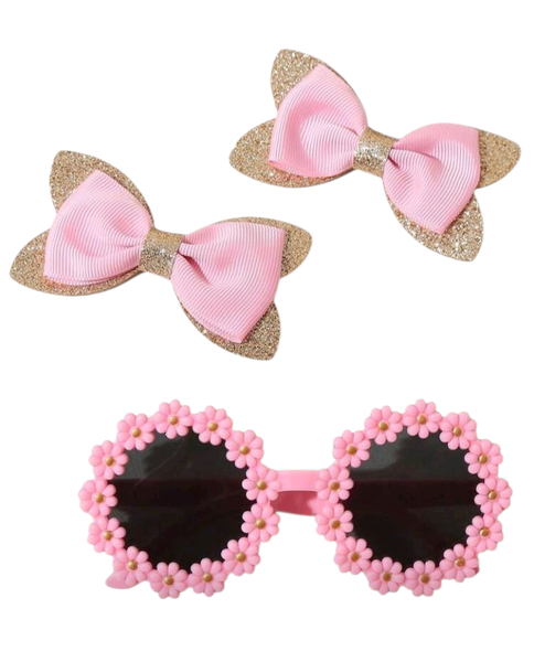 3-Piece Girls Bow Hair Clips &amp; Flower Glasses Set- Cute Fashion Accessories
