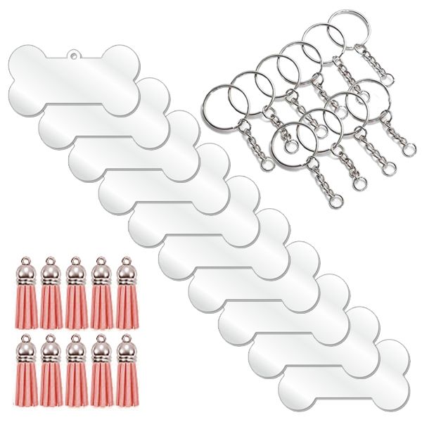Dog Bone Clear Acrylic Blank Keyring Light Pink Tassel Kit
